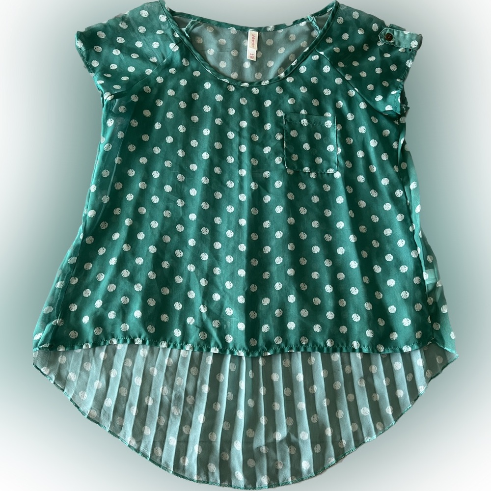 Target- Xhilaration brand sheer green w/white polka dots top. Size Small.